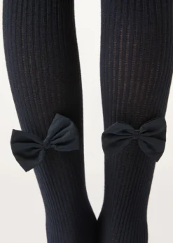 Collant in Cotone a Costine con Fiocco da Bambina