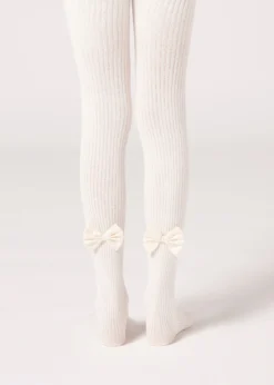 Collant in Cotone a Costine con Fiocco da Bambina